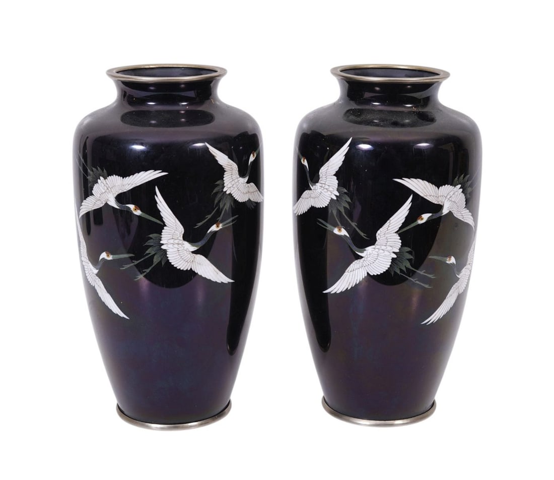 Pair Black Japanese Vases Each With 4 White Cranes Flying, 9"H x 5"w (1 of 7)