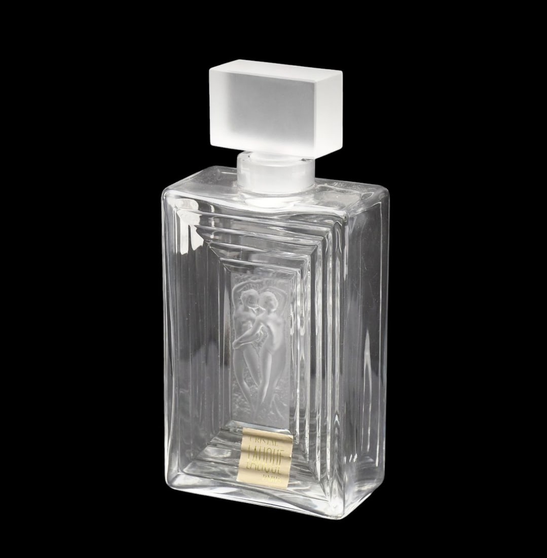 Lalique France frosted crystal "Duncan No. 3" perfume bottle and stopper, original design by Rene: Lalique France frosted crystal "Duncan No. 3" perfume bottle and stopper, original design by Rene Lalique (French, 1860-1945), rectangular top, over clear bottle centering female nudes, engraved signa