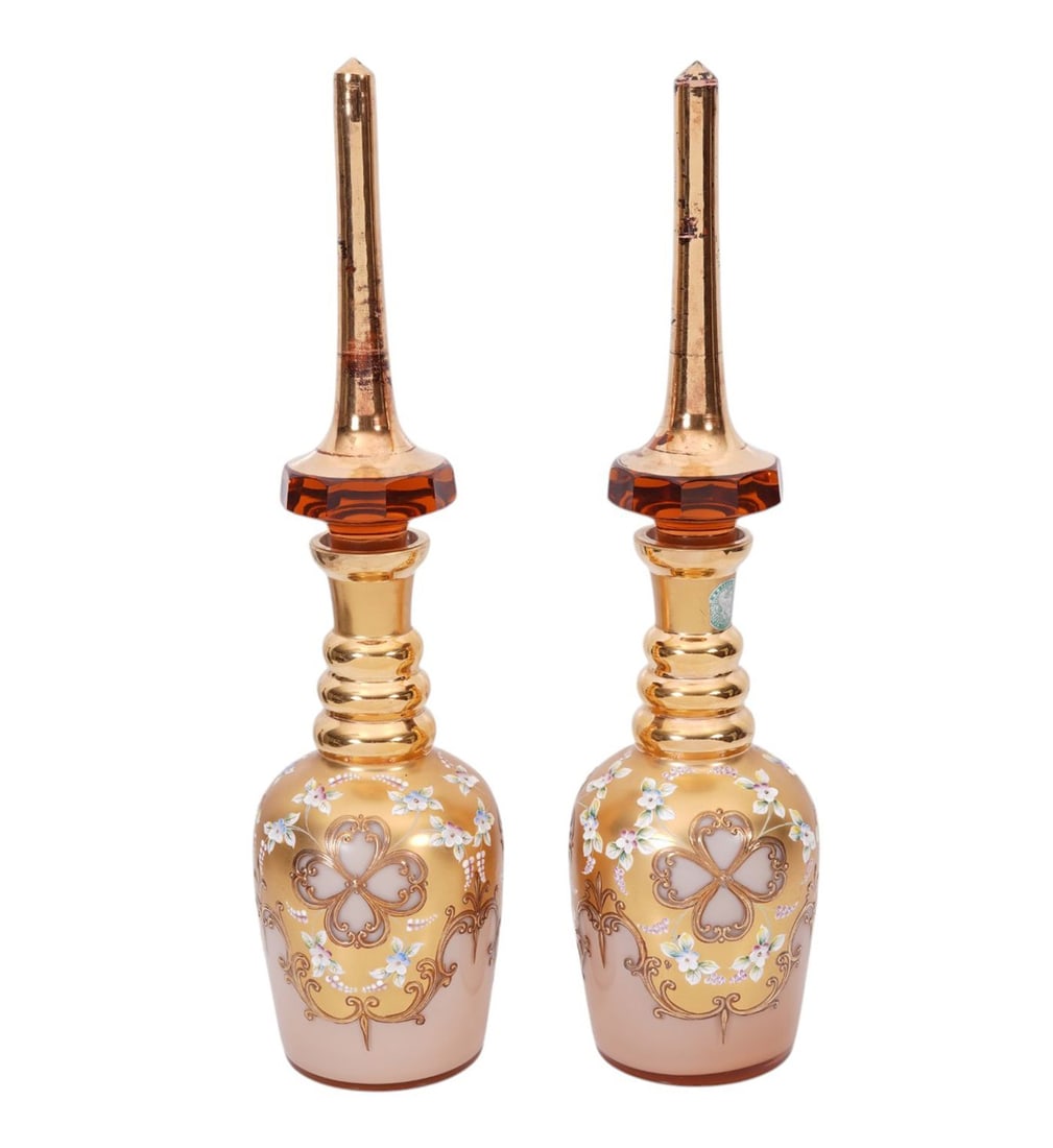Pair Vintage Oversized Decanters with Gold Overlay & Enameling Design, Both With Gold Glass Stoppers: Pair Vintage Oversized Decanters with Gold Overlay & Enameling Design, Both With Gold Glass Stoppers