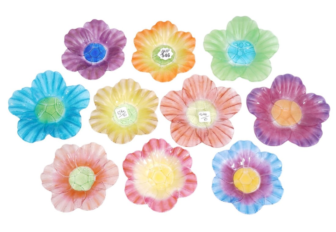 10 Sydenstricker Colored Flower Form Glass Dessert Plates, 6" to 7"dia: 10 Sydenstricker Colored Flower Form Glass Dessert Plates, 6" to 7"dia