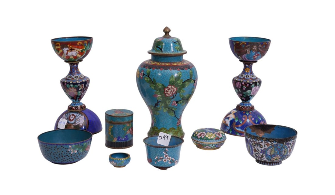 Lot of Cloisonne Tablewares, Pair Prickets, Covered Jar and Assorted Bowls, Largest 9 1/2"h x 4"w (1 of 13)