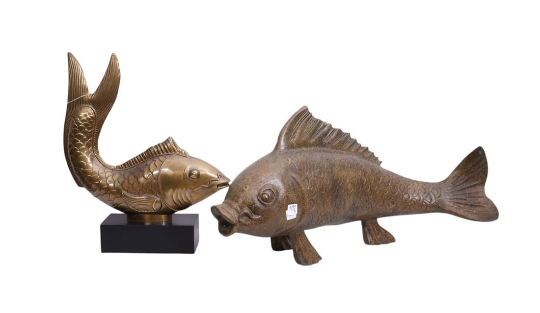 2 Fish Sculptures, One Modern Bronze with Chinese Marks (15"h x 28"w x 7"d) & One Metal On Stand (1 of 9)