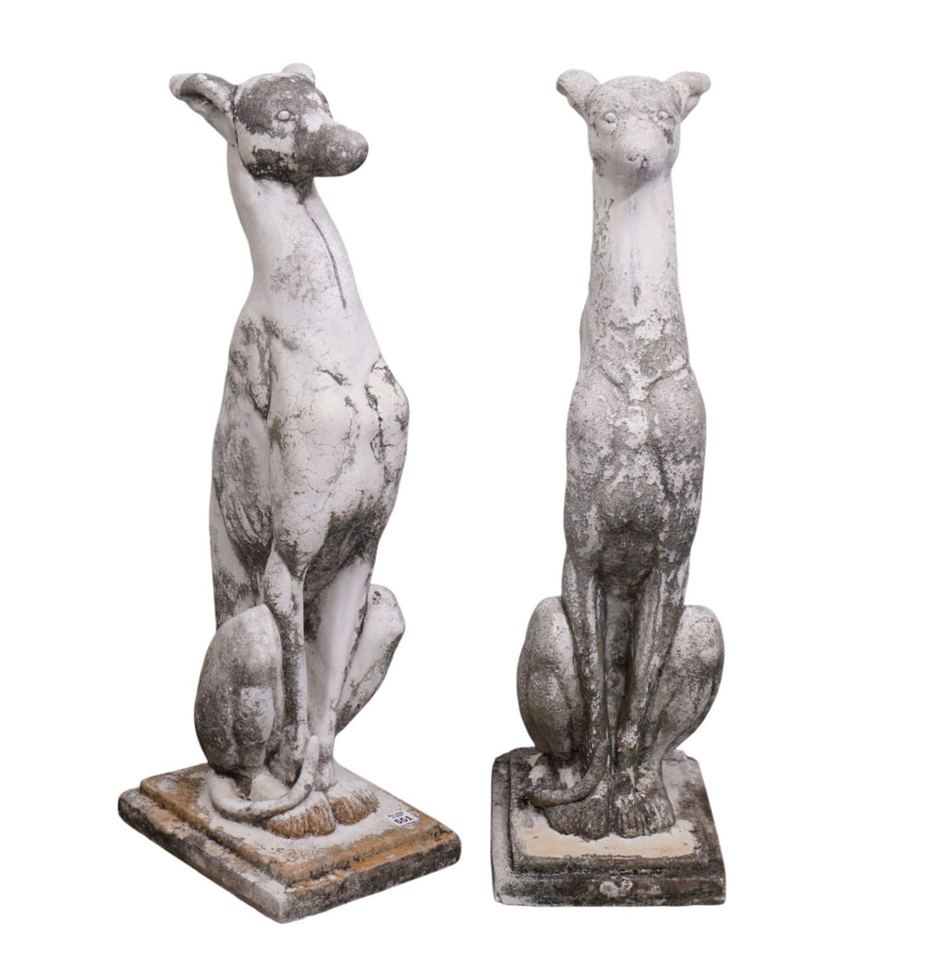 Pair Cement Whippets, Wonderfully Worn, 31"H x 28"w x 7"d (1 of 6)