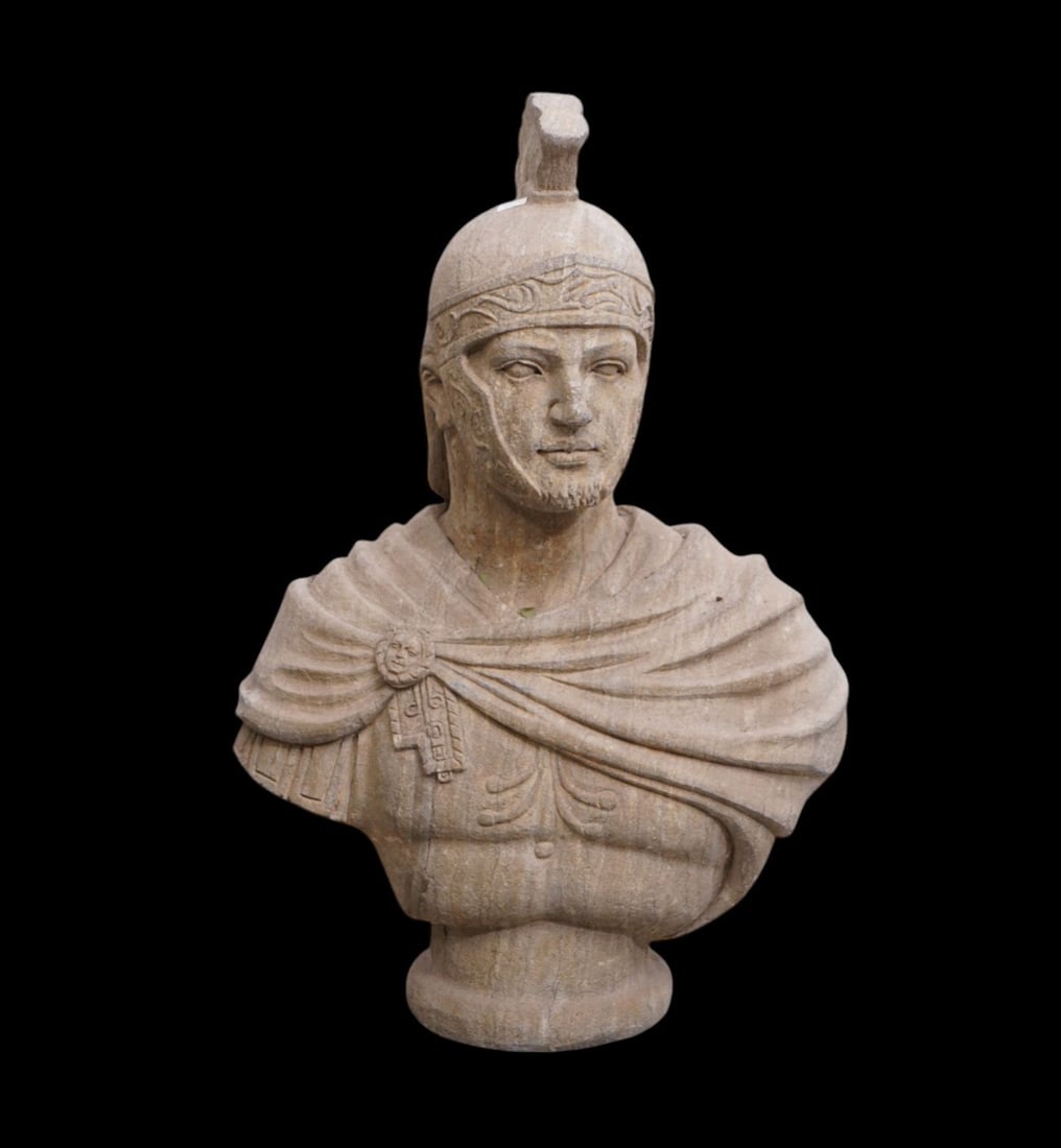 Cement Oversized Roman Bust of Soldier, 33"h x 21"w x 9"d: Cement Oversized Roman Bust of Soldier, 33"h x 21"w x 9"d