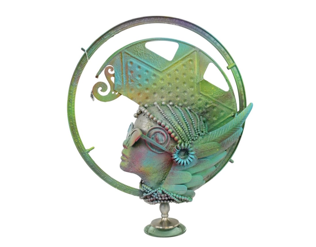 "Amelia Earhart" Assemblage/Sculpture Painted in Greens/Blues & Lavender, Very Light in Weight,: "Amelia Earhart" Assemblage/Sculpture Painted in Greens/Blues & Lavender, Very Light in Weight, Signed Susan Pelish, 22"h x 18"w
