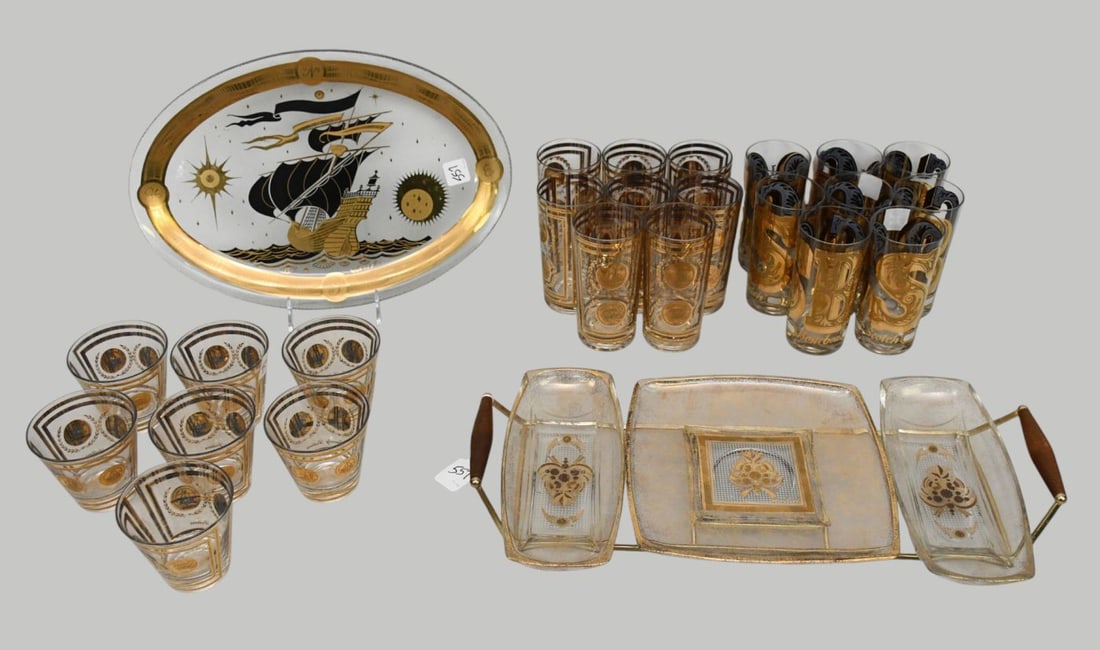 Lot of Vintage Mid Century Glassware, 8 Georges Briard Tumblers (5 1/2"h x 2 3/4"w), 15 Culver Wheat: Lot of Vintage Mid Century Glassware, 8 Georges Briard Tumblers (5 1/2"h x 2 3/4"w), 15 Culver Wheat Medallion Glasses (3 1/2"h x 3 1/2"dia) AND Divided Serving Dishes in Frame (Tray 19"L & Largest Di