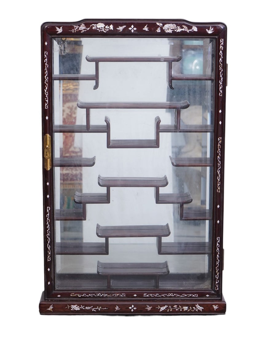 Chinese Hanging Curio Cabinet, Mother of Pearl Frame Around Single Door, 33"H x 20"w x 5"d (1 of 7)