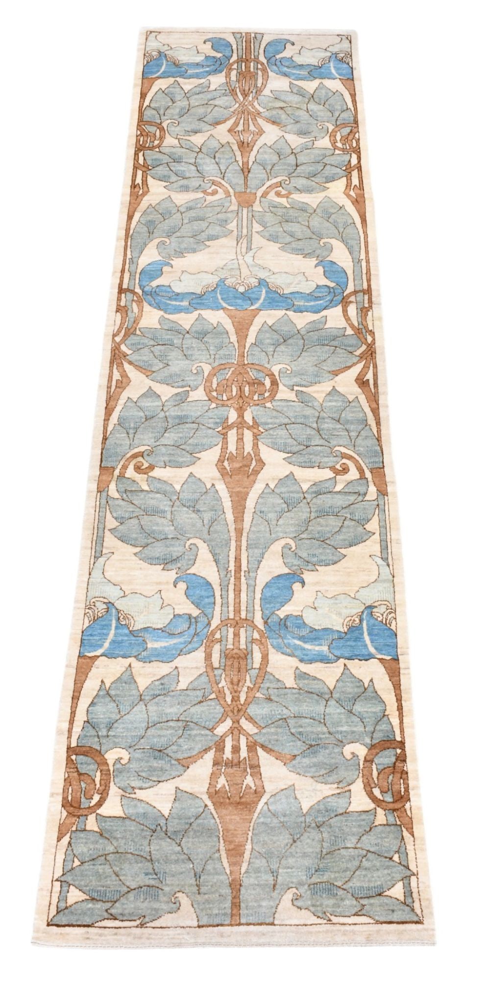 Beige/Blue Arts and Crafts Style Botanical Runner, 12'2" x 3'1": Beige/Blue Arts and Crafts Style Botanical Runner, 12'2" x 3'1"