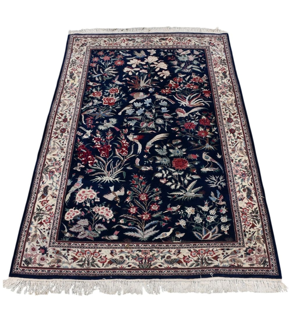 Navy Blue Persian Tree of Life Rug, Featuring Floral and Bird Motifs, 8'7" x 5'8": Navy Blue Persian Tree of Life Rug, Featuring Floral and Bird Motifs, 8'7" x 5'8"