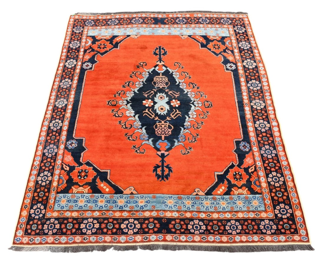 Vintage Pakistan Orange and Blue Rug, 10' x 8': Vintage Pakistan Orange and Blue Rug, 10' x 8'