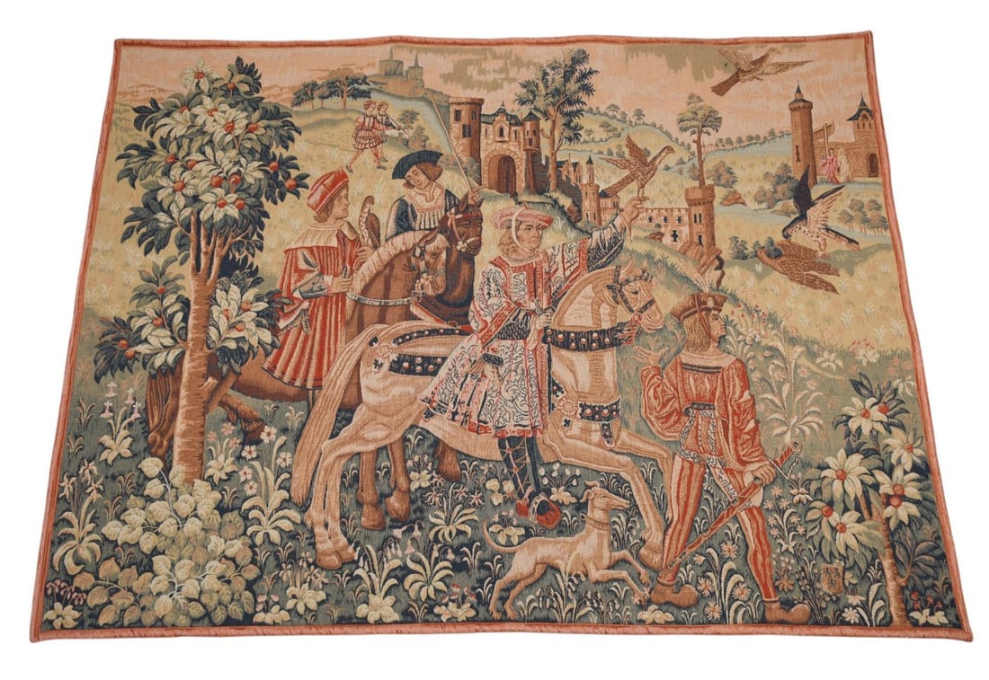 20th C. French Tapestry, Medieval Hunting Scene, 4.2feet x 5.6feet: 20th C. French Tapestry, Medieval Hunting Scene, 4.2feet x 5.6feet