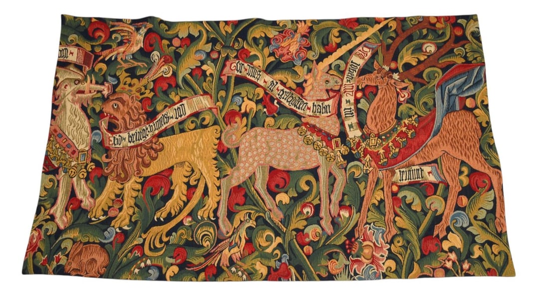 French Aubusson Tapestry, Medieval design with mythical creatures, 3.10feet x 6.2feet: French Aubusson Tapestry, Medieval design with mythical creatures, 3.10feet x 6.2feet