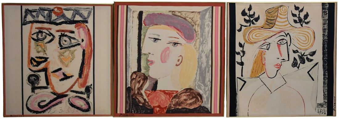Three silk frame Picasso portraits approximately 34 x 34 inches.: Three silk frame Picasso portraits approximately 34 x 34 inches.