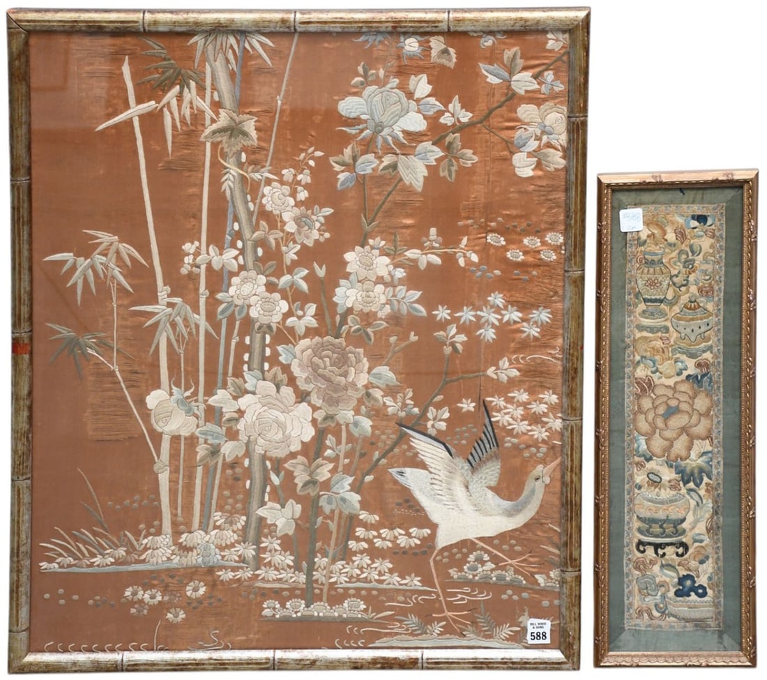 Antique Chinese silk bird and foliage 30 x 26 inches. (as is with some tears) so with one small: Antique Chinese silk bird and foliage 30 x 26 inches. (as is with some tears) so with one small Chinese silk embroidery 22 x 7 inches