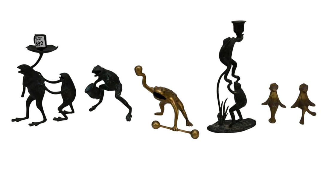 6 Bronze Frog Figures, 3 Candlesticks, Tallest 10"h: 6 Bronze Frog Figures, 3 Candlesticks, Tallest 10"h
