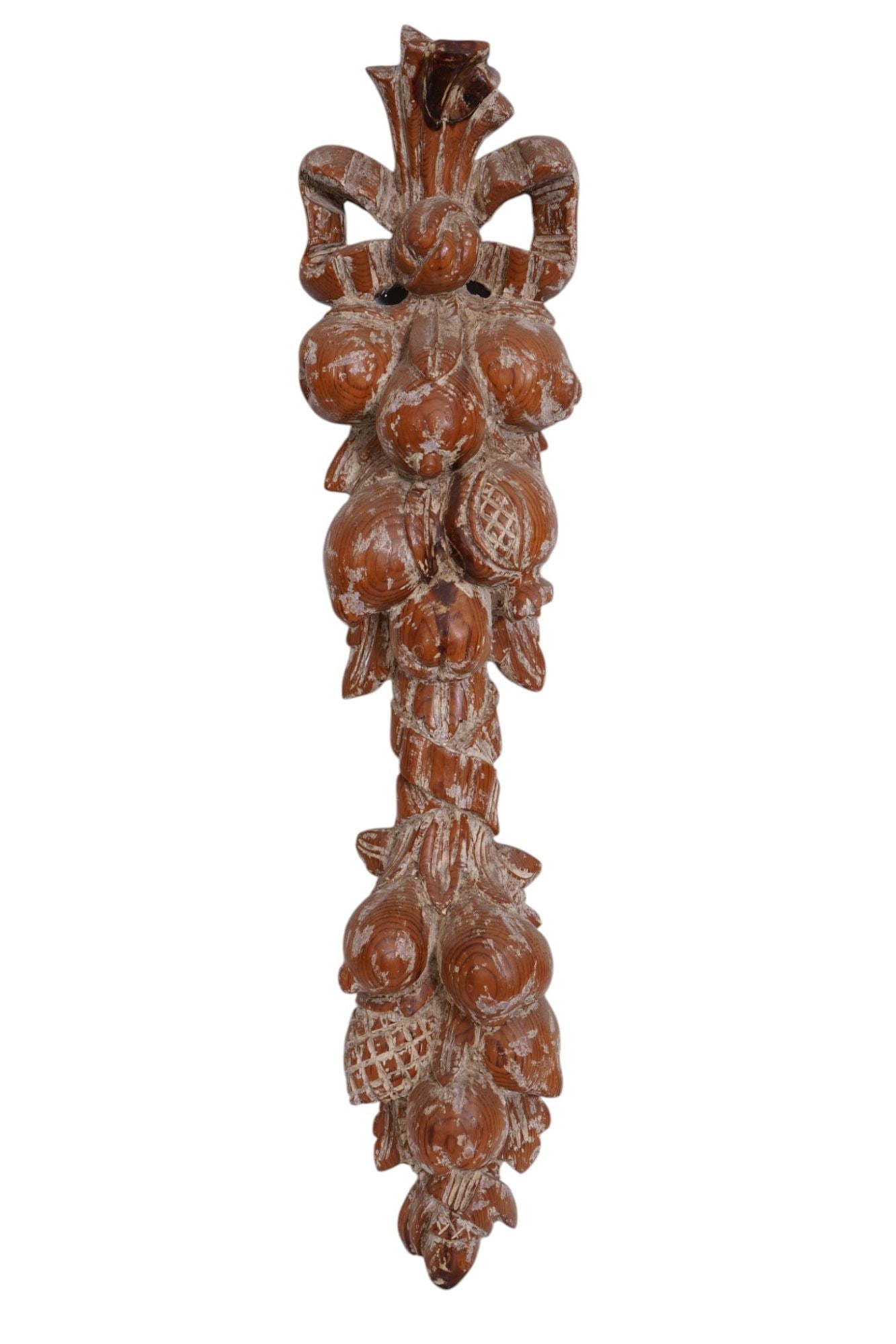 Decorative Pine White Washed Carved Wall Hanging, Bow & Fruit Design, 33"h x 6"w (1 of 3)