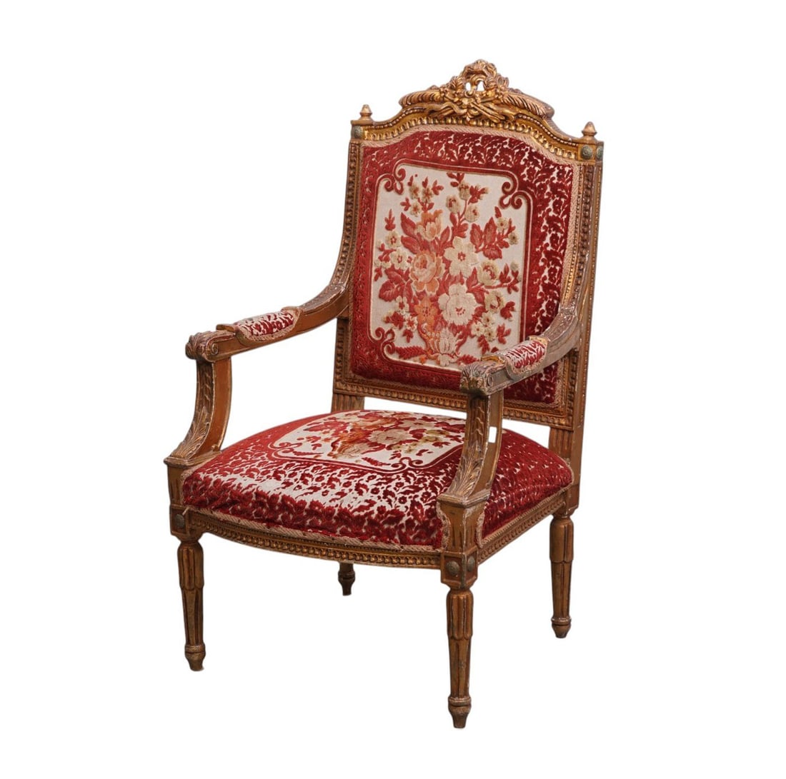 Gilded Carved Throne Chair with Cut Velvet Floral Design Red and Cream Upholstery, 43"h x 26"w x: Gilded Carved Throne Chair with Cut Velvet Floral Design Red and Cream Upholstery, 43"h x 26"w x 22"d