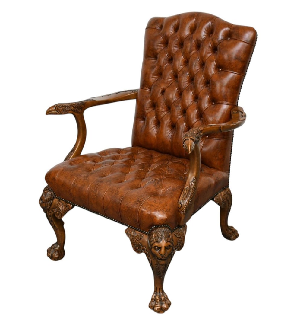 Fine Reproduction Armchair, Leather Type Tufted Upholstery with Carved Bird Hand Rests on Lion Style: Fine Reproduction Armchair, Leather Type Tufted Upholstery with Carved Bird Hand Rests on Lion Style Legs