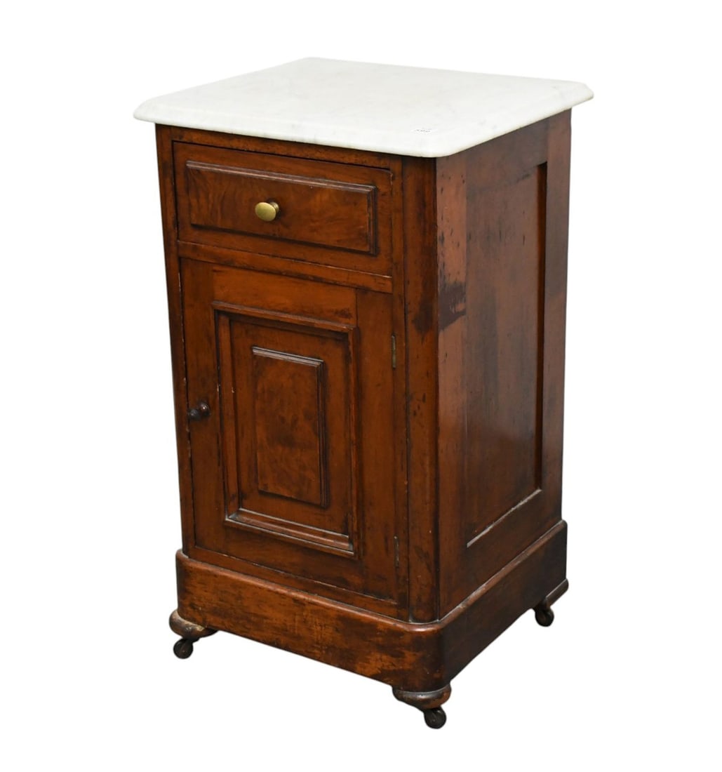 Antique Nightstand Walnut Single Drawer above Single Door Marble Top, 30"h x 18"w x 15"d (1 of 6)