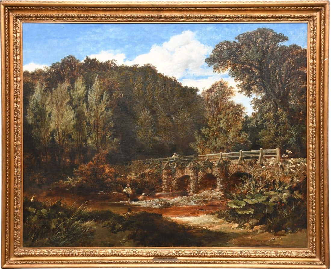Edmund John Niemann (BRITISH, 1813–1876) oil on canvas, Boys fishing the Bridge, signed: Edmund John Niemann (BRITISH, 1813–1876) oil on canvas, Boys fishing the Bridge, signed, painting size 40 x 50 inches. overall framed size 47 x 57 inches.