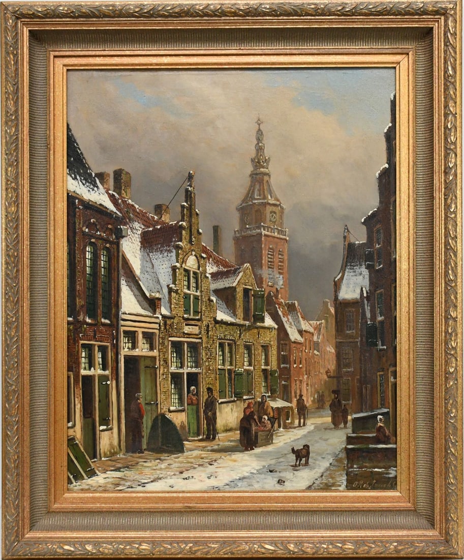 Oene Romkes de Jongh (DUTCH, 1812–1896) oil on canvas, Wintery Town Scene, signed, canvas size: Oene Romkes de Jongh (DUTCH, 1812–1896) oil on canvas, Wintery Town Scene, signed, canvas size 26-1/2 x 21-1/2 inches. overall framed size 42 x 36-1/2 inches.
