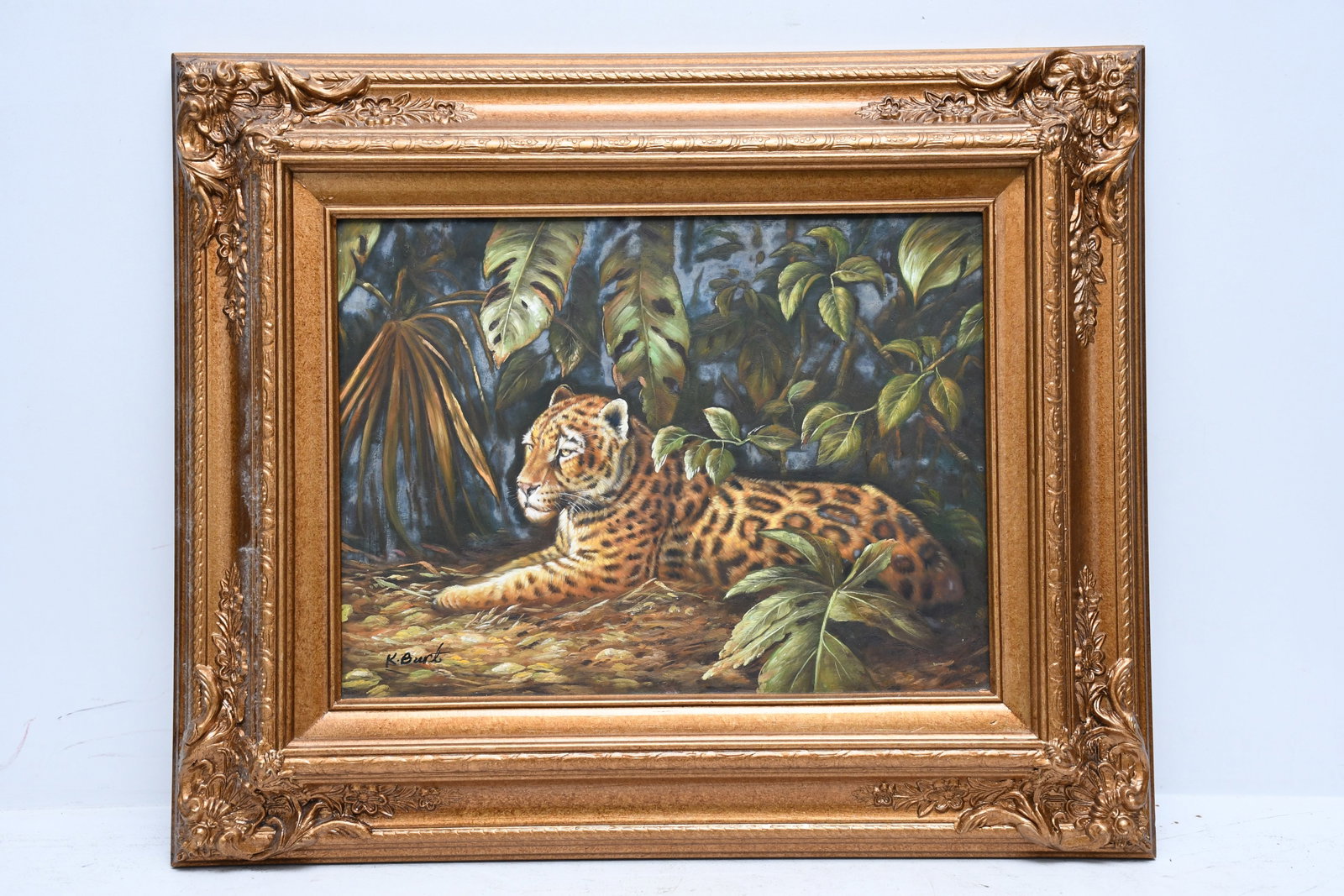 Decorative painting of Tiger in jungle Signed lower left K. Burt, oil on board, Frame size 20" x 24" (1 of 5)