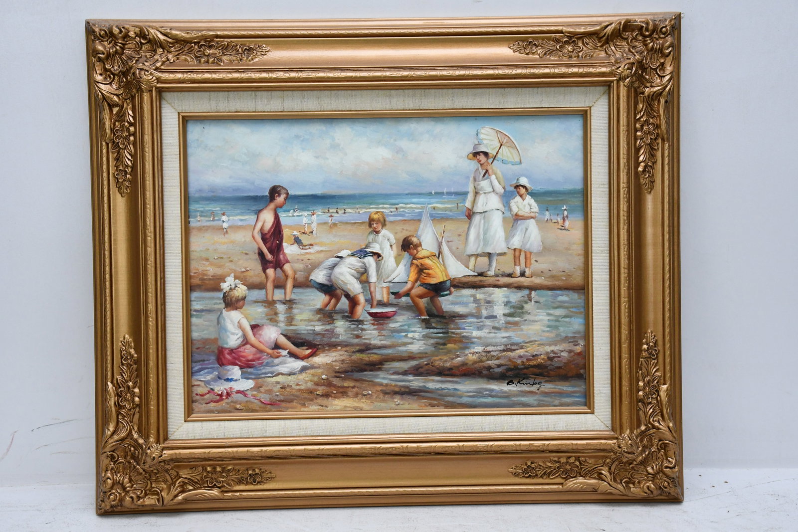 Decorative painting of French Beach Scene Children Playing, oil on board, signed illegibly lower ri: Decorative painting of French Beach Scene Children Playing, oil on board, signed illegibly lower right, Frame size 20" x 24"