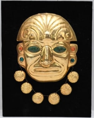 Replica Pre-Columbian Funerary Mask Mounted on black velvet 10" h x 8" w x 2" d: Replica Pre-Columbian Funerary Mask Mounted on black velvet 10" h x 8" w x 2" d