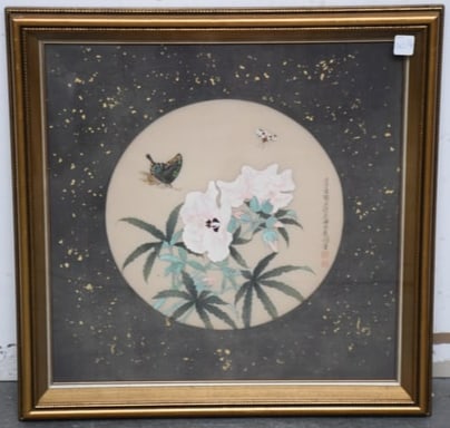 Chinese painting on silk, detailed Flowers, butterflies, and leaves overall frame size 22.5" x 22.5" (1 of 7)