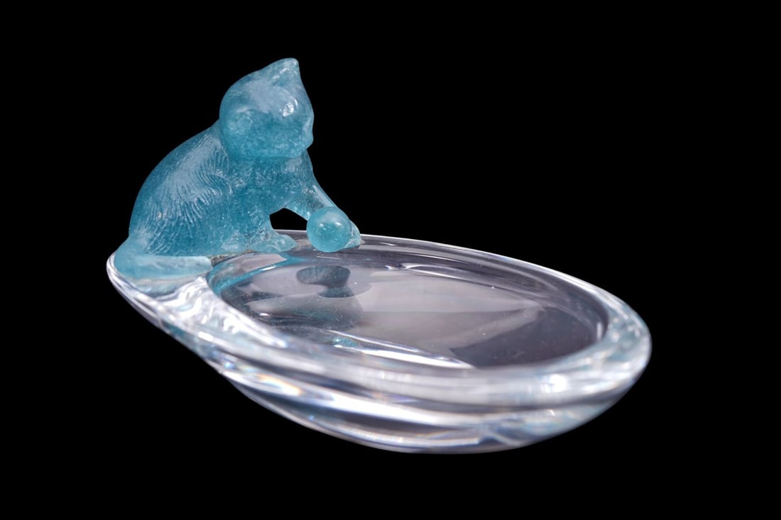 Daum France Art Glass Pate de Verre, Cat with Yarn Ball Trinket Dish, 3 1/2"h x 7"w x 4"d (1 of 6)