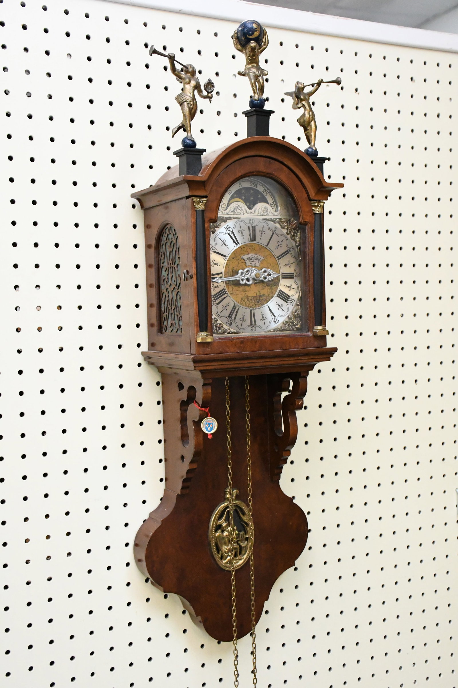 Warmink One Piece Hanging 20th C.Clock, Made in Holland, 3 Brass Figures at top Of Tombstone Shape H (1 of 7)