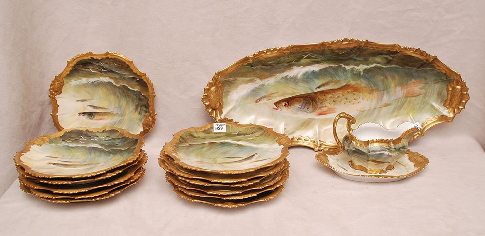 Porcelain fish set, France, 12 plates (9 1/2"dia),: Porcelain fish set, France, 12 plates (9 1/2"dia), gravy boat with liner (not attached) and serving platter (24"L) 15 pcs. Total