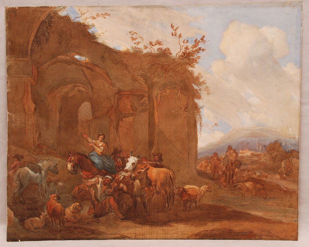 Dutch School, 17/18th c. watercolor, peasants with: Dutch School, 17/18th c. watercolor, peasants with Roman ruins, 18 1/4" x 22 3/4"