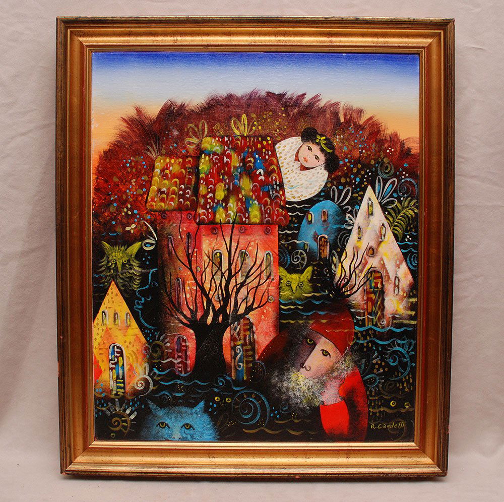 Raimondo Cardelli (Italian 1938 - 2008) oil on canvas,: Raimondo Cardelli (Italian 1938 - 2008) oil on canvas, "nel giardiuo dei soyui" 23" x 20"