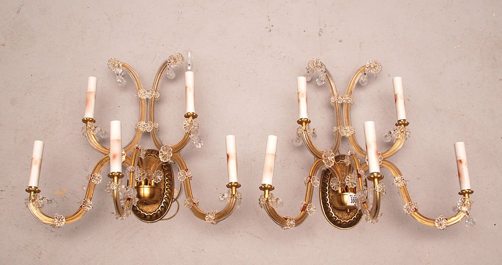 Pair glass and brass 5 light wall sconces with