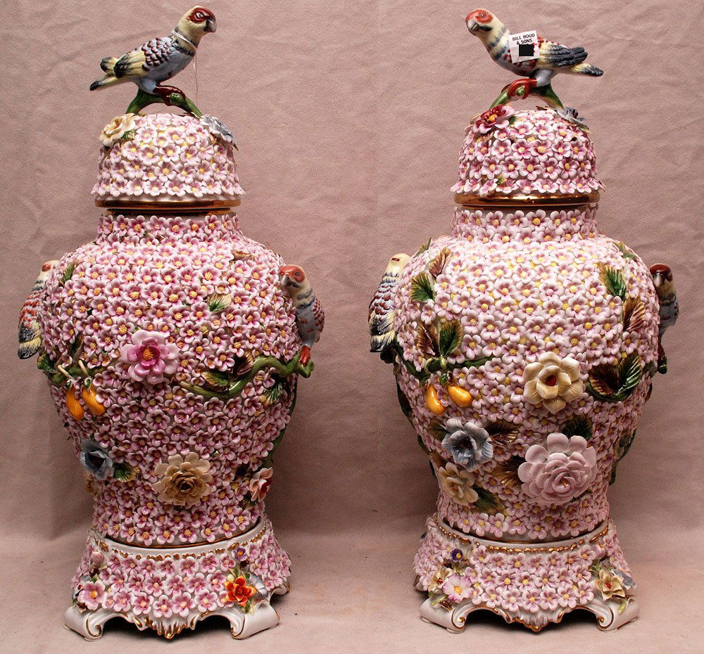 Pair pink ovoid jars with lids, bird finials, porcelain: Pair pink ovoid jars with lids, bird finials, porcelain floral embellishment, cross sword mark