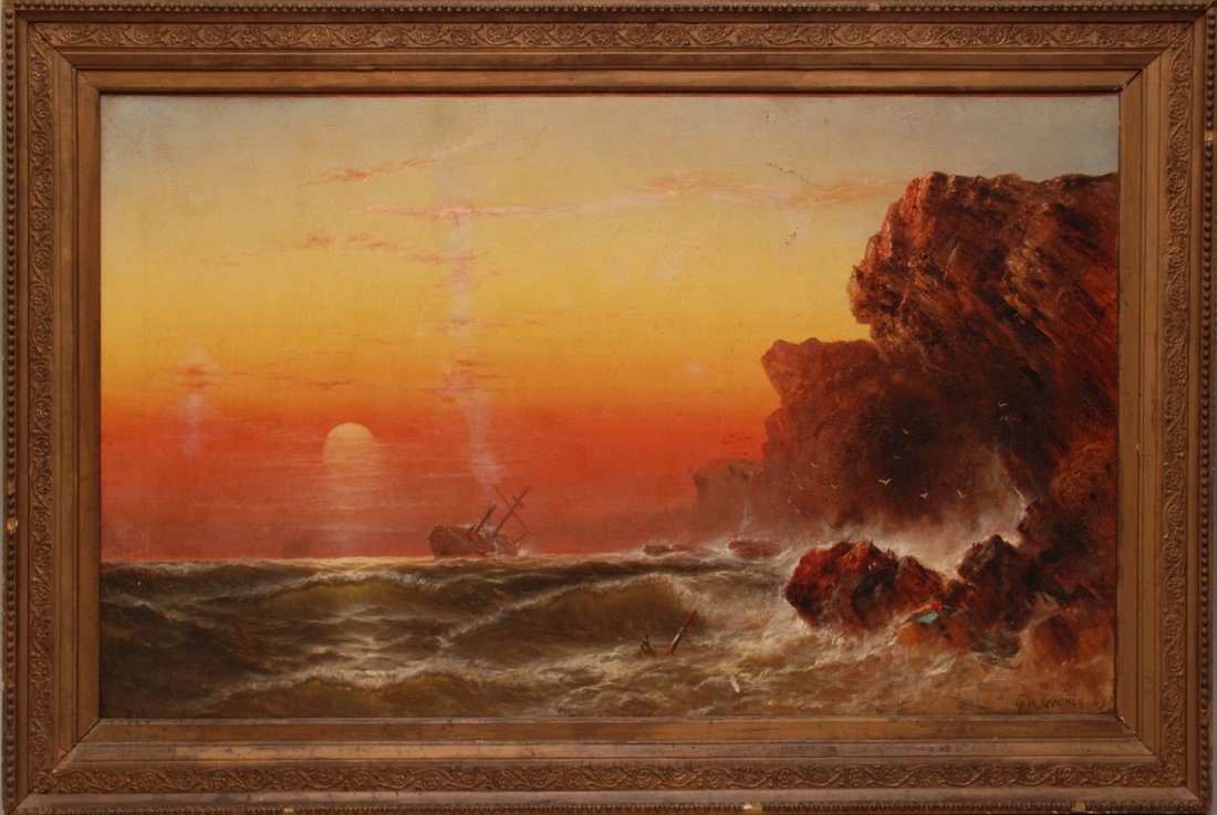 G. Jerome American 19th Century, oil on canvas, coastal: G. Jerome American 19th Century, oil on canvas, coastal rough seas with capsized boat at sunset, 30" x 50"