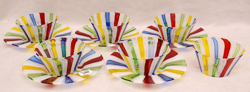 Set of Murano multi color, latticino dessert set (11: Set of Murano multi color, latticino dessert set (11 pcs)