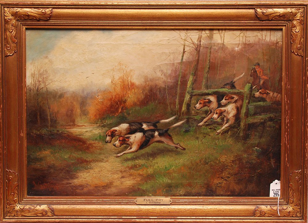 John Gifford (United Kingdom - 1900) oil on canvas,: John Gifford (United Kingdom - 1900) oil on canvas, "Full Cry" 16" x 24", couple small tears