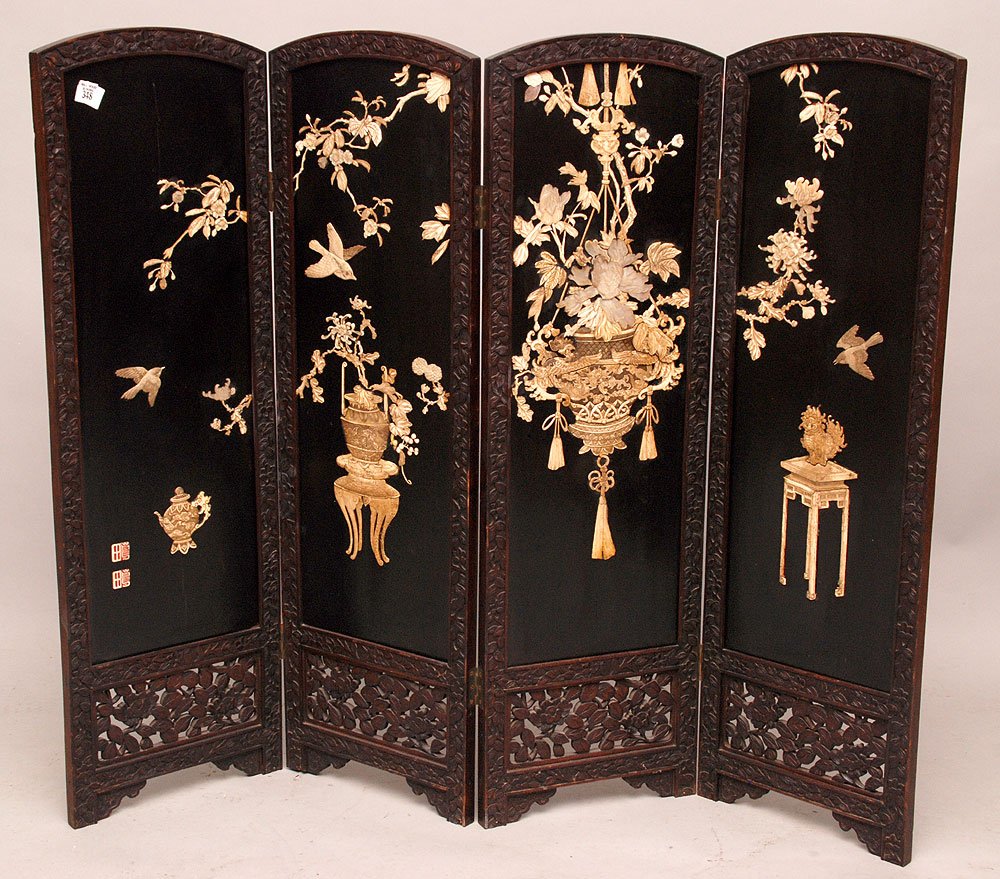 Antique Chinese lacquered screen with inlaid Ivory/Bone: Antique Chinese lacquered screen with inlaid Ivory/Bone, 41"h x 12"w (each panel)