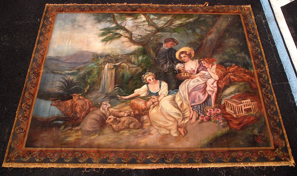 Tapestry, women shearing sheep, hand painted, signed: Tapestry, women shearing sheep, hand painted, signed Julia 1923, 78"h x 97"w