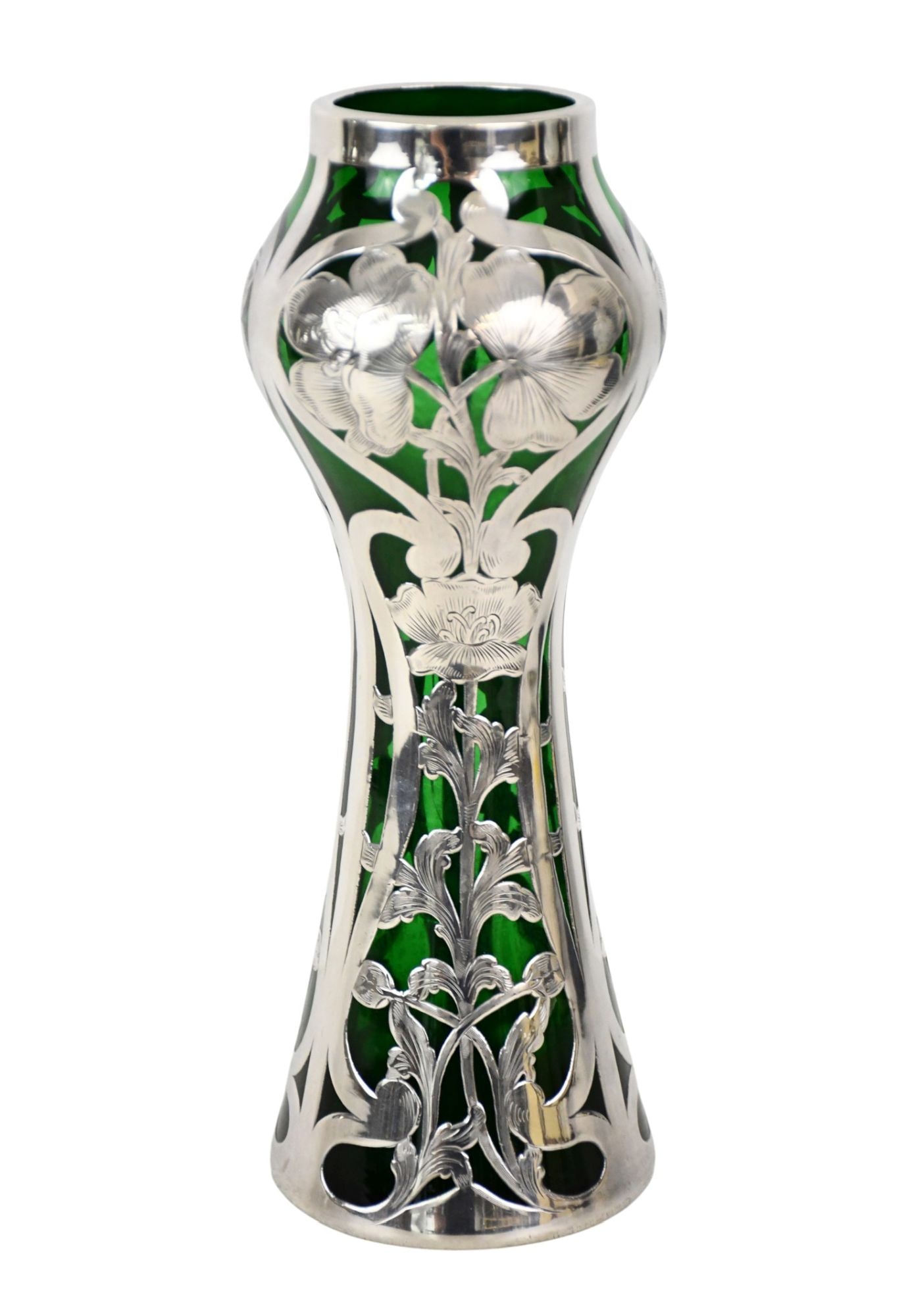 Antique Green Glass Vase with Silver Floral Overlay, Small Monogram at Neck, 10"h x 5"w: Antique Green Glass Vase with Silver Floral Overlay, Small Monogram at Neck, 10"h x 5"w