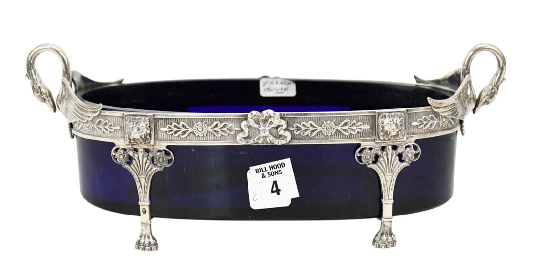 French Silver Centerpiece with Cobalt Glass Insert, 5"h x 12"w x 5"d: French Silver Centerpiece with Cobalt Glass Insert, 5"h x 12"w x 5"d