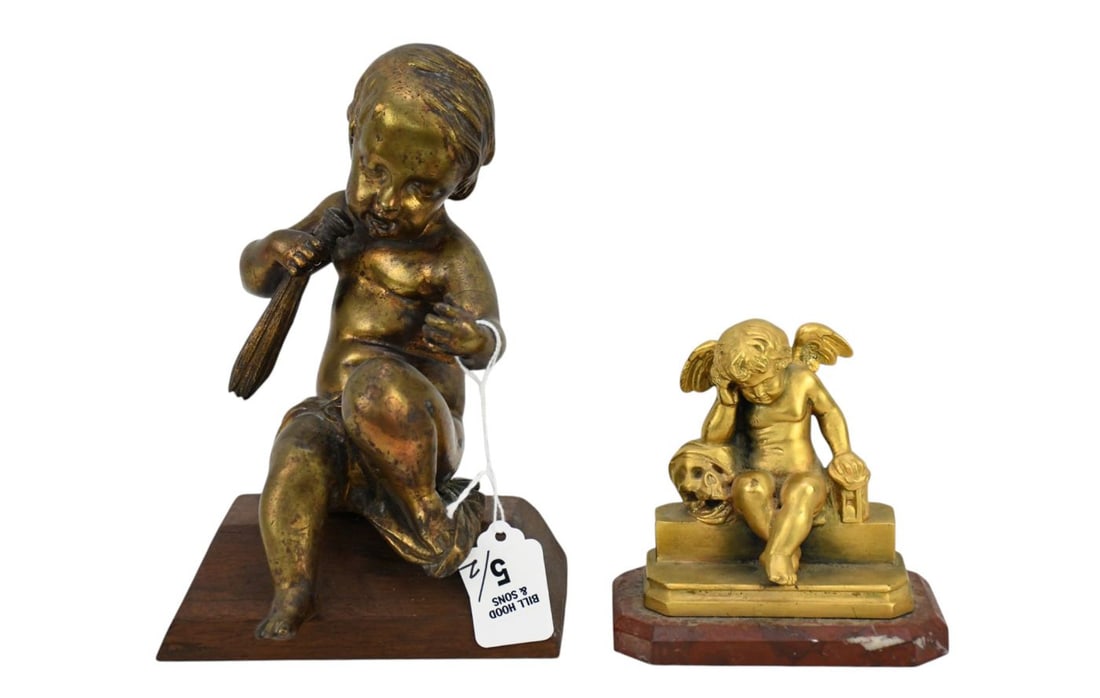 Bronze Seated Putti on Wood Base (8"h x 5"w x 3 1/2"d) AND Dore Bronze Seated Angel on Marble Base, (1 of 7)