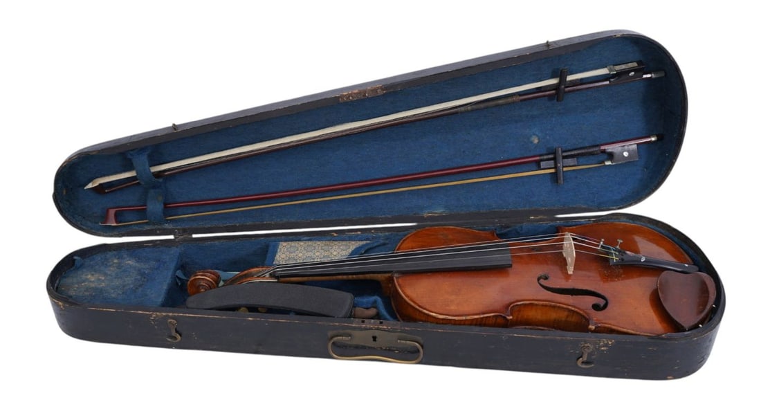 Violin C. 1900's, 4 strings, in original case, includes 2 Mother of Pearl Bows, 23"w x 8"D (1 of 20)