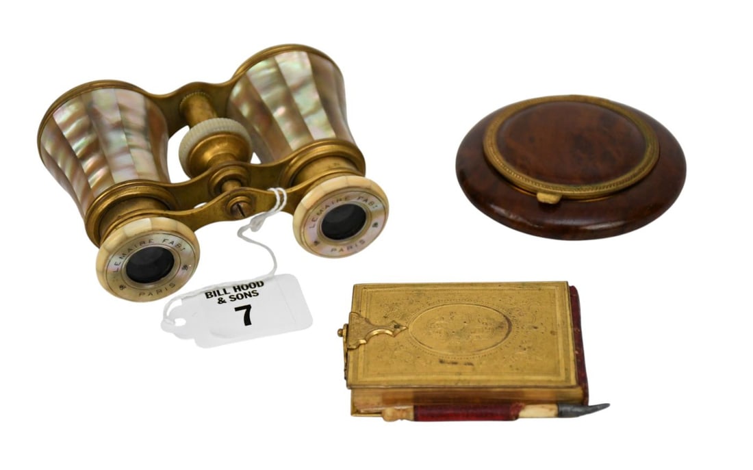3 Novelty Pcs, Antique Marked Paris Mother of Pearl Binoculars, Small Antique Wood Compact and (1 of 8)