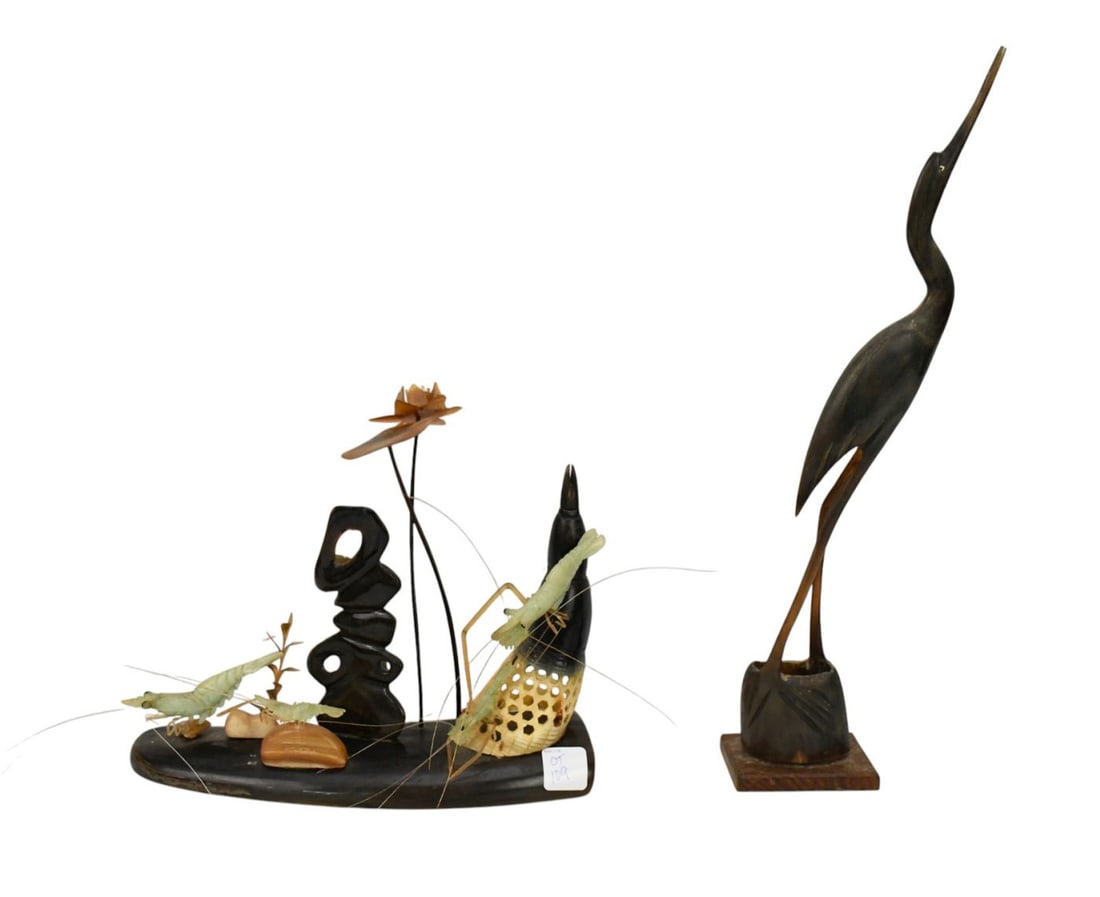 2 Asian Horn Objects d'art Featuring Sea Life, 8"h x 10"w and Water Fowl, 17"h x 3"w (1 of 9)