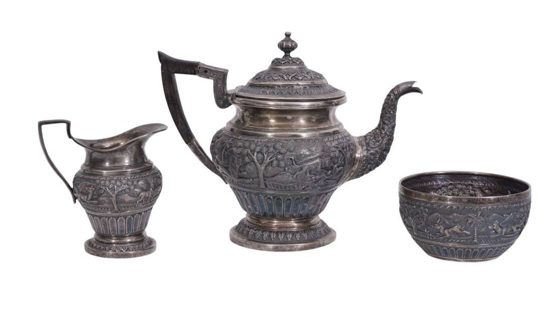 3 Pcs. J. Manikrai Karachi "795" Anglo Indian Silver, Early 20th c, 27 ozt (broken handle on teapot) (1 of 13)