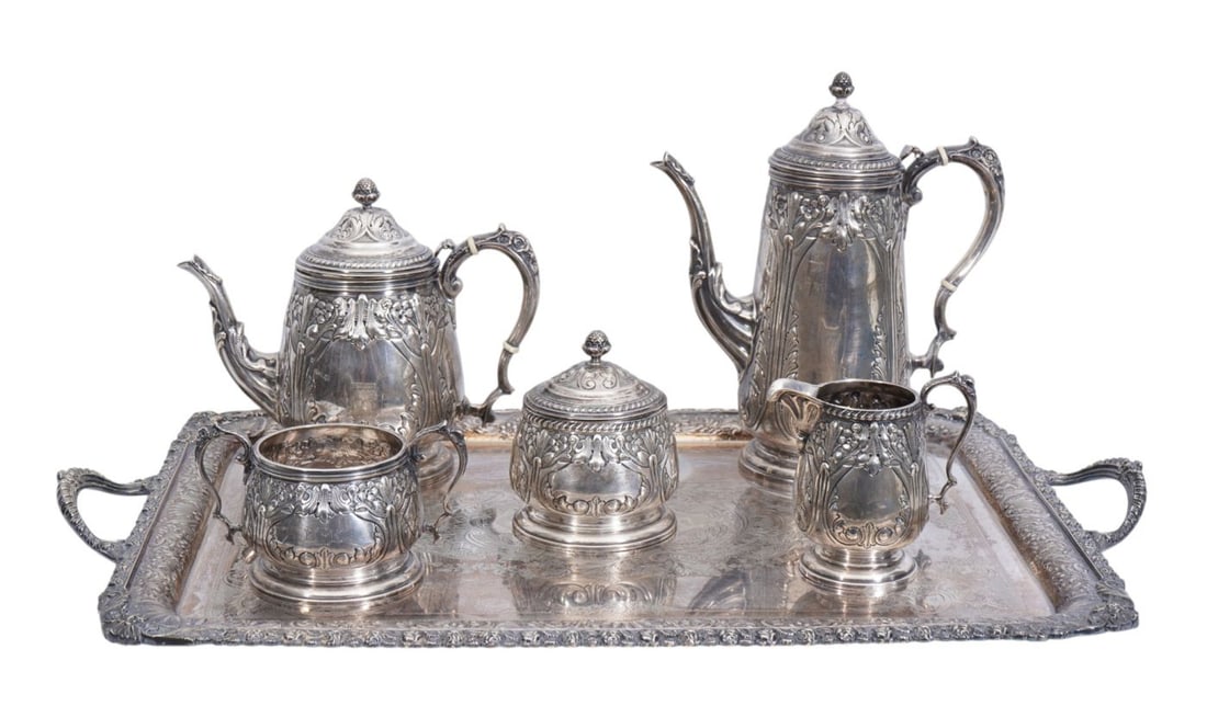 5 Pc. Sterling Silver Tea Set, Durham Silver Co. #244, Hand Chased, Monogram, incl; Teapot, Coffee (1 of 17)
