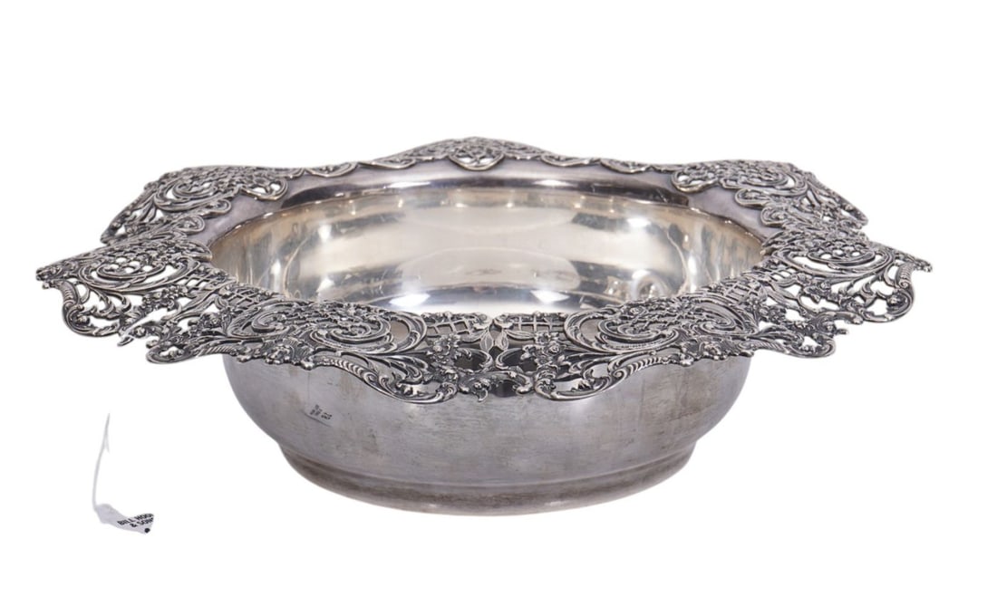 Shrev Sterling Silver Bowl, Ornately Reticulated 3" Rim, 39 ozt, 3 3/4"h x 9"dia (1 of 6)